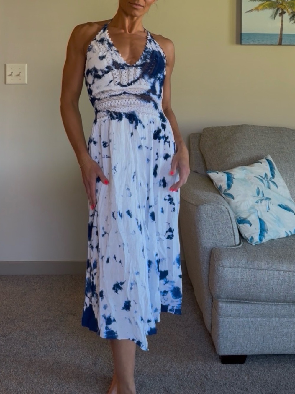 NWT White and Navy Tie-Dye Halter Midi Dress